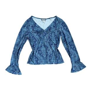 Vtg Paisley Bell Sleeve V-Neck Top Blue Fairycore Boho L
